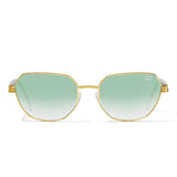 Gold-framed sunglasses with green gradient lenses on a white background