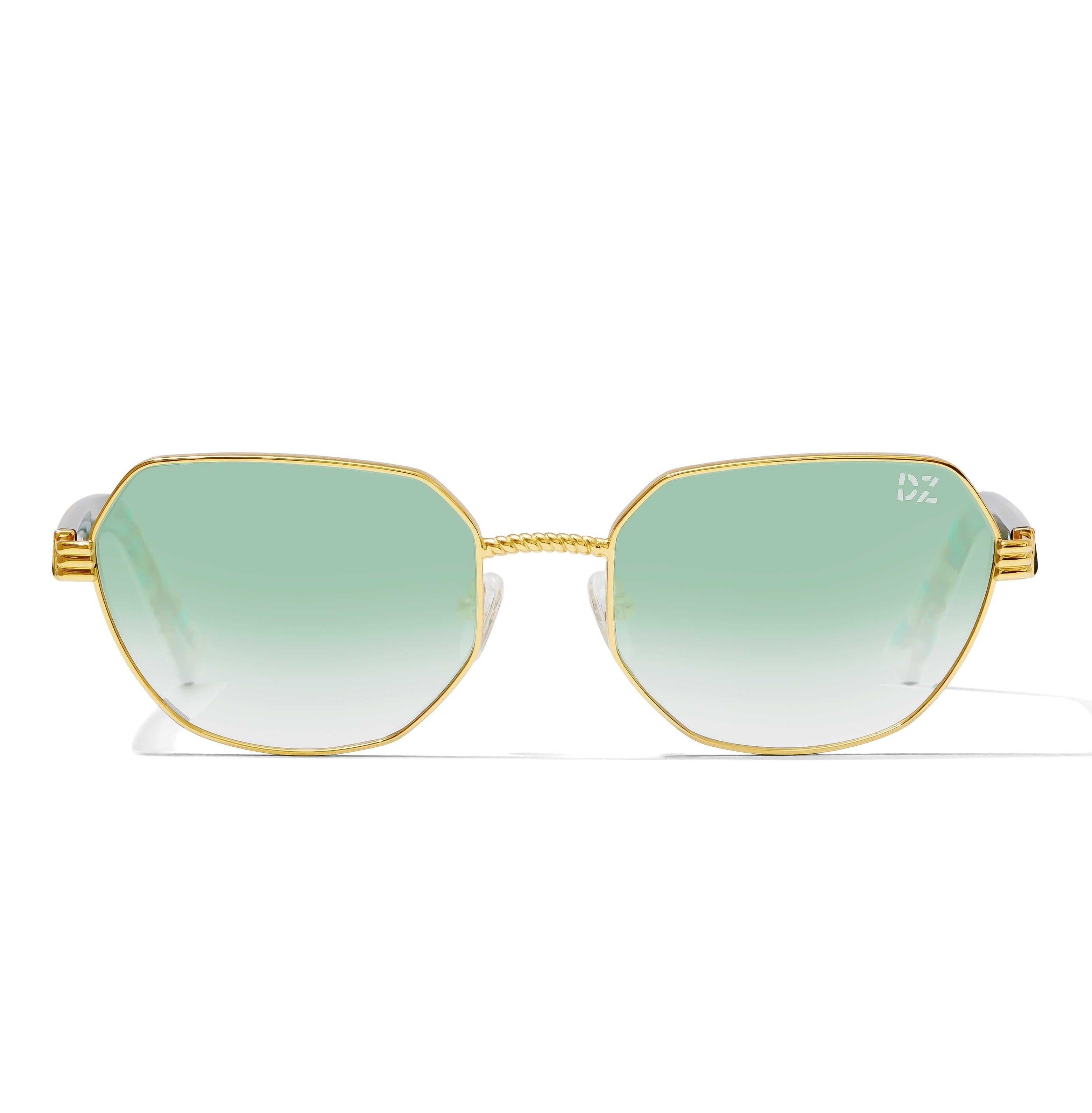 Gold-framed sunglasses with green gradient lenses on a white background