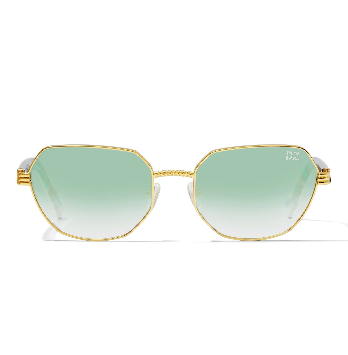 Gold-framed sunglasses with green gradient lenses on a white background
