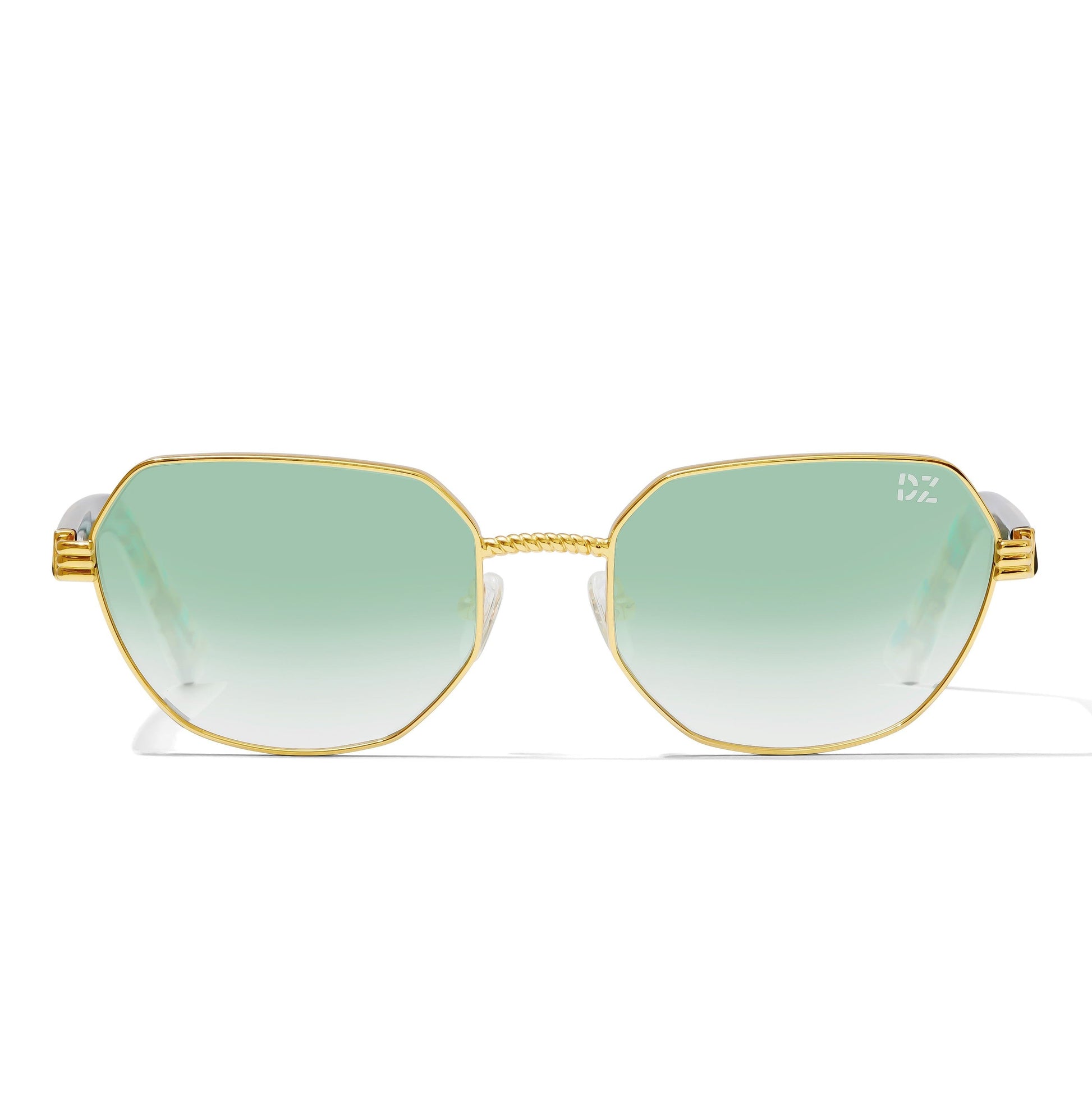 Gold-framed sunglasses with green gradient lenses on a white background