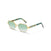 Sunglasses with gold frame and green-tinted lenses on a white background