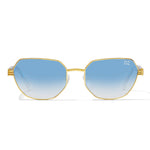Gold-framed sunglasses with blue gradient lenses on a white background