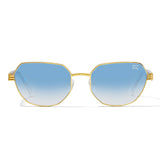 Gold-framed sunglasses with blue gradient lenses on a white background