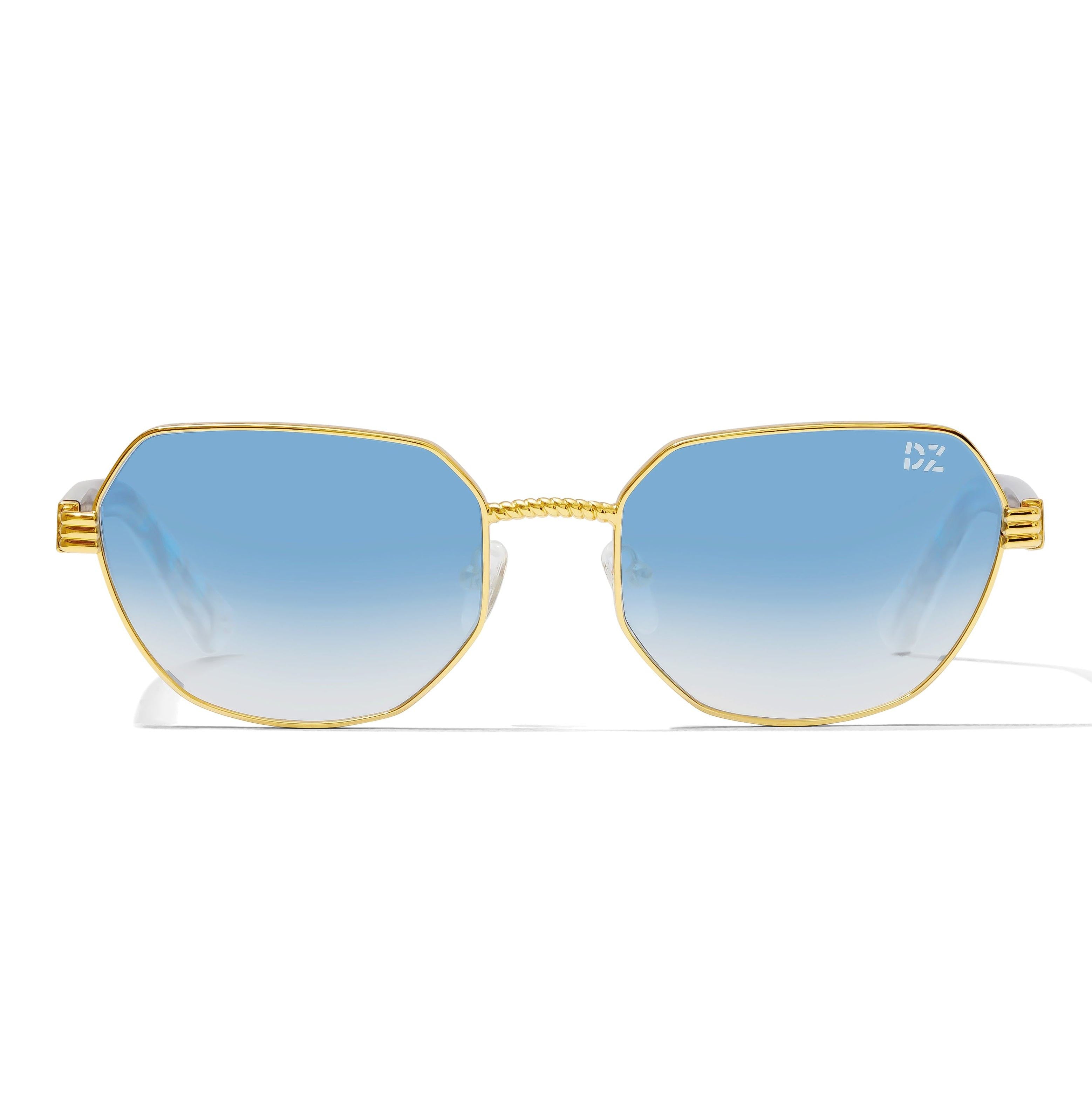 Gold-framed sunglasses with blue gradient lenses on a white background
