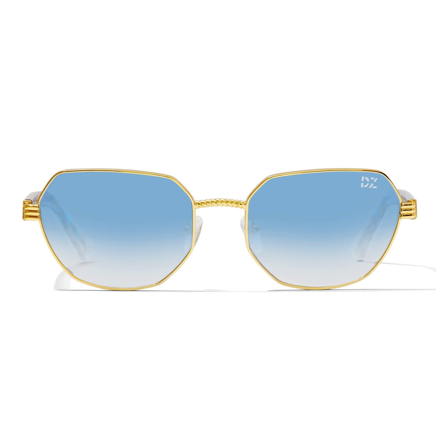 Gold-framed sunglasses with blue gradient lenses on a white background