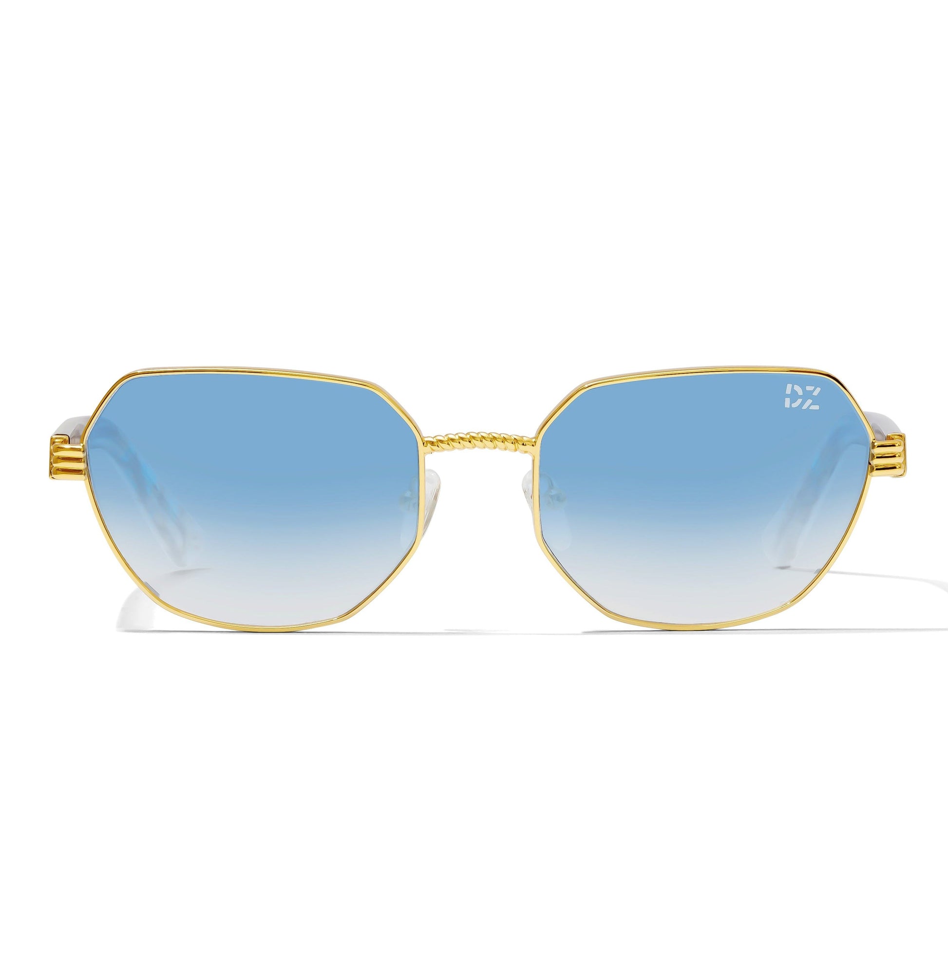 Gold-framed sunglasses with blue gradient lenses on a white background