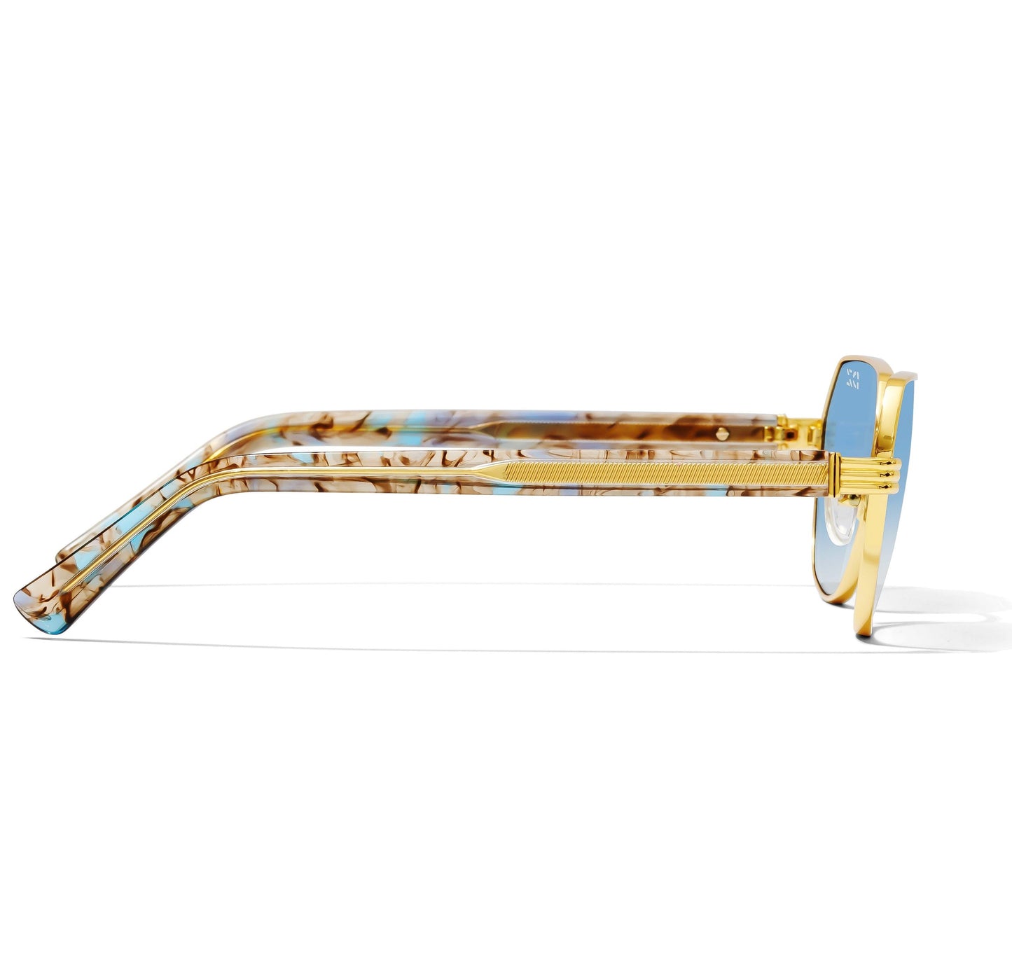 Gold-framed sunglasses with a tortoiseshell pattern on a white background