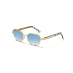 Sunglasses with gold frame and blue gradient lenses on a white background