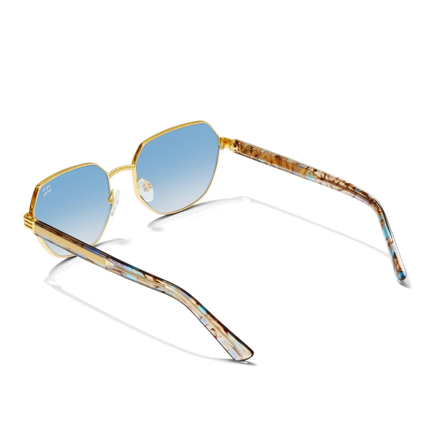 Sunglasses with gold frame and blue gradient lenses on a white background