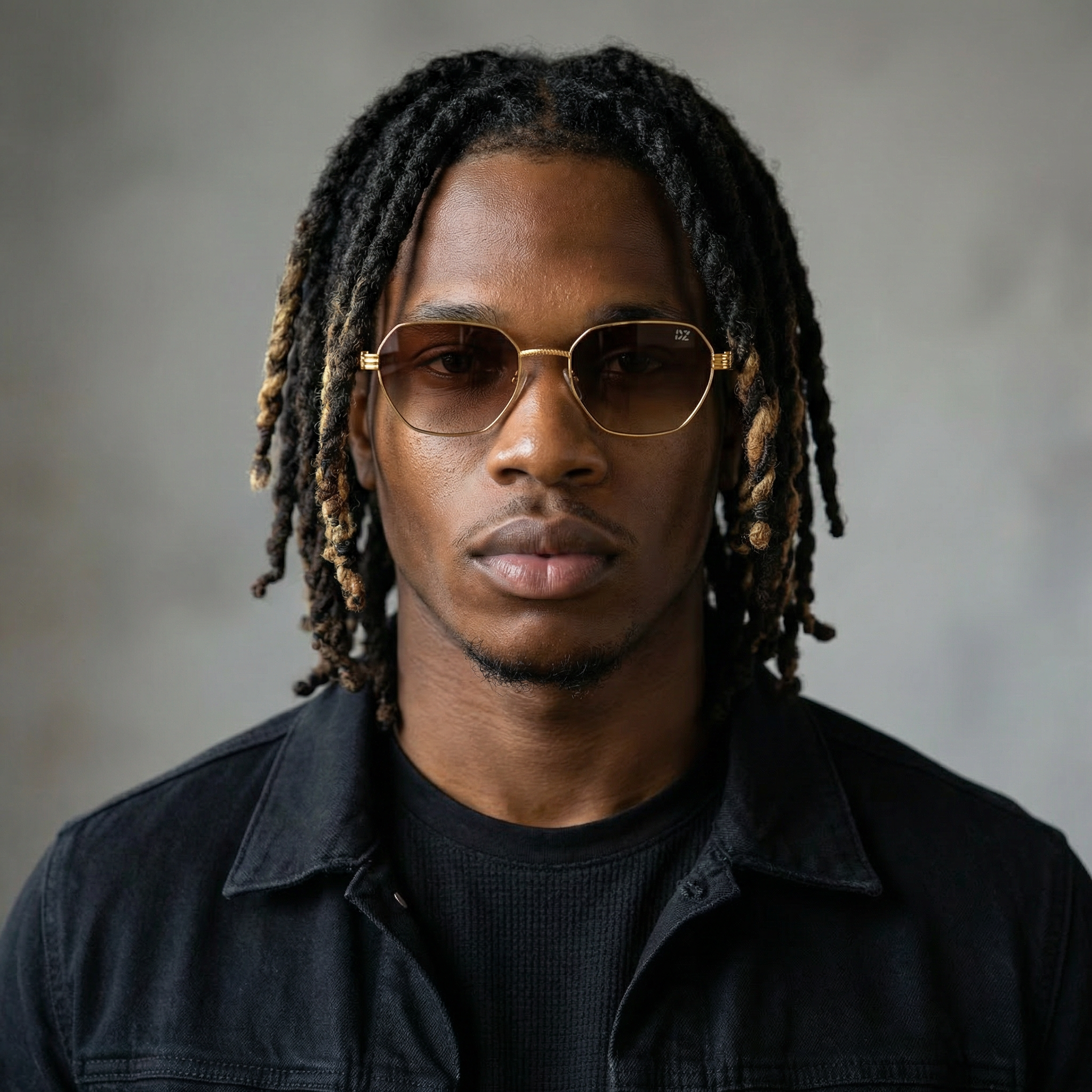 Man with dreadlocks wearing sunglasses and a dark jacket against a neutral background