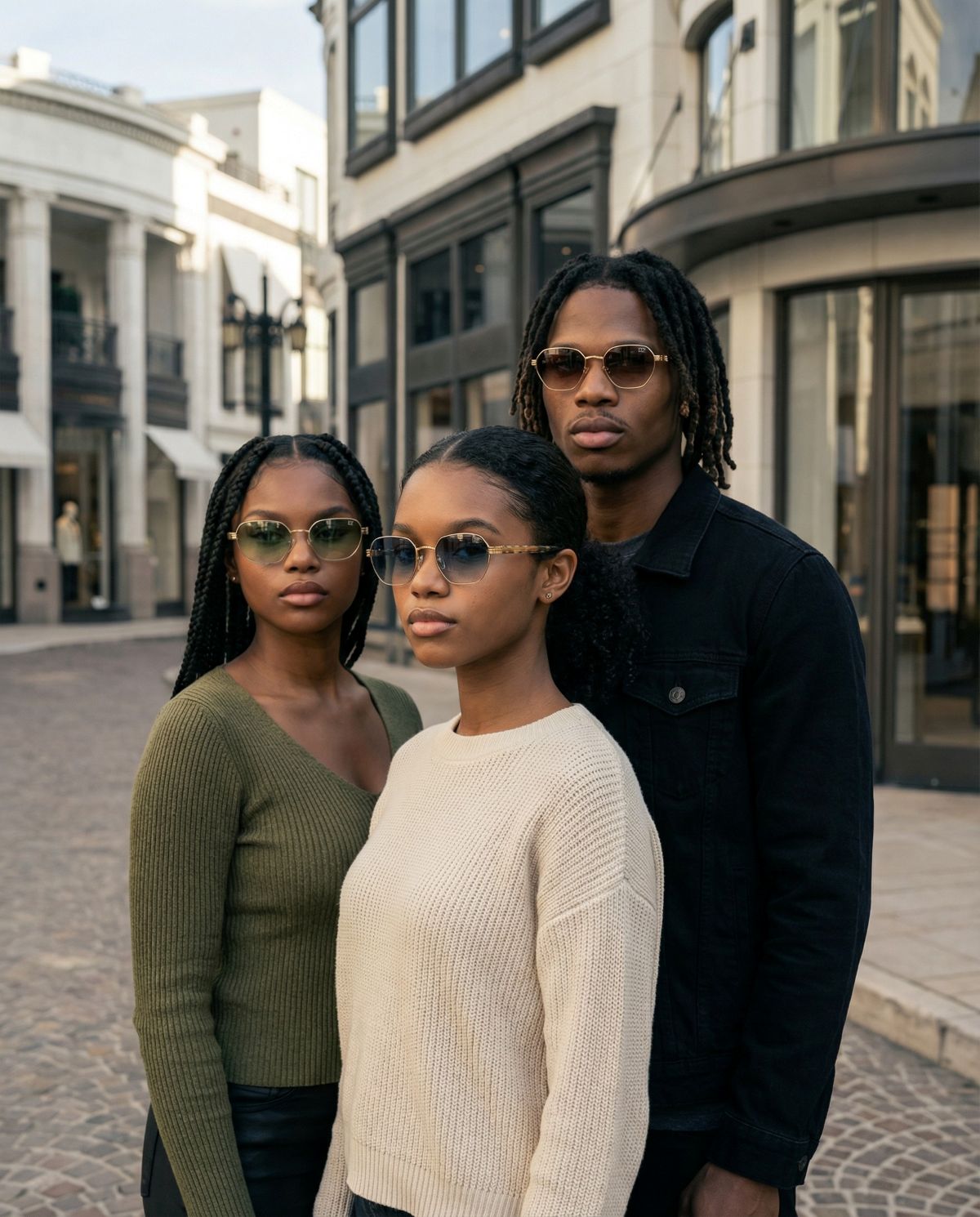 Three people standing together on a street with buildings in the background