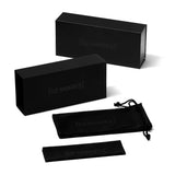 Black 'DZ Shades' packaging set including a box, pouch, and case on a white background