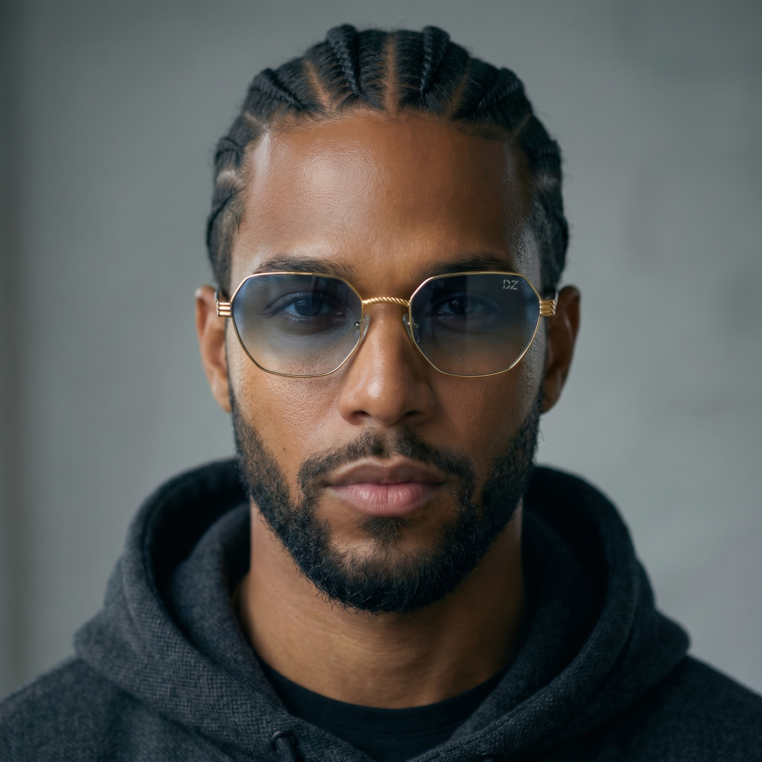 A close-up portrait of a man with braided hair wearing gold-framed aviator sunglasses with dark lenses and a dark gray hoodie against a gray background.