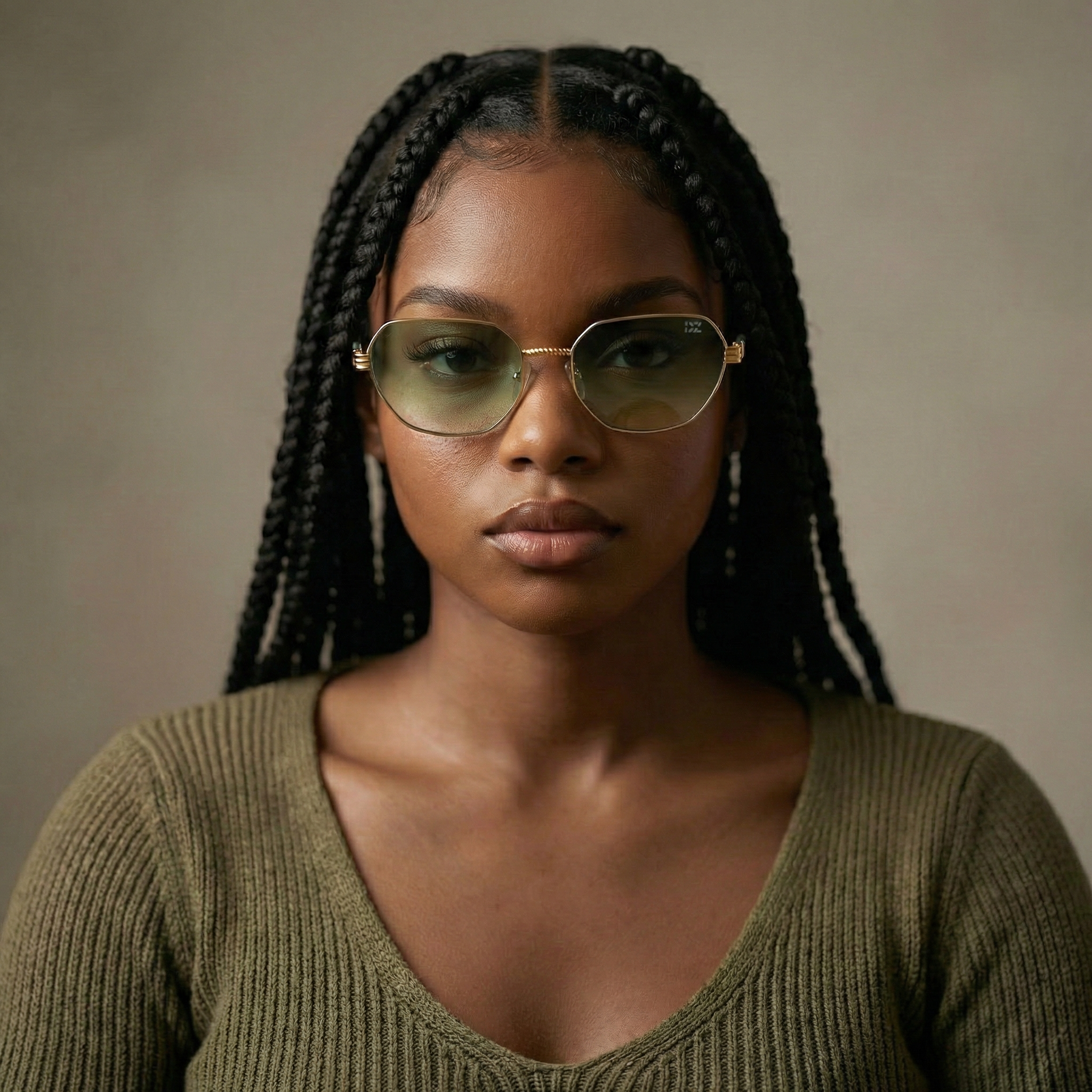 Woman wearing sunglasses and a green sweater against a neutral background