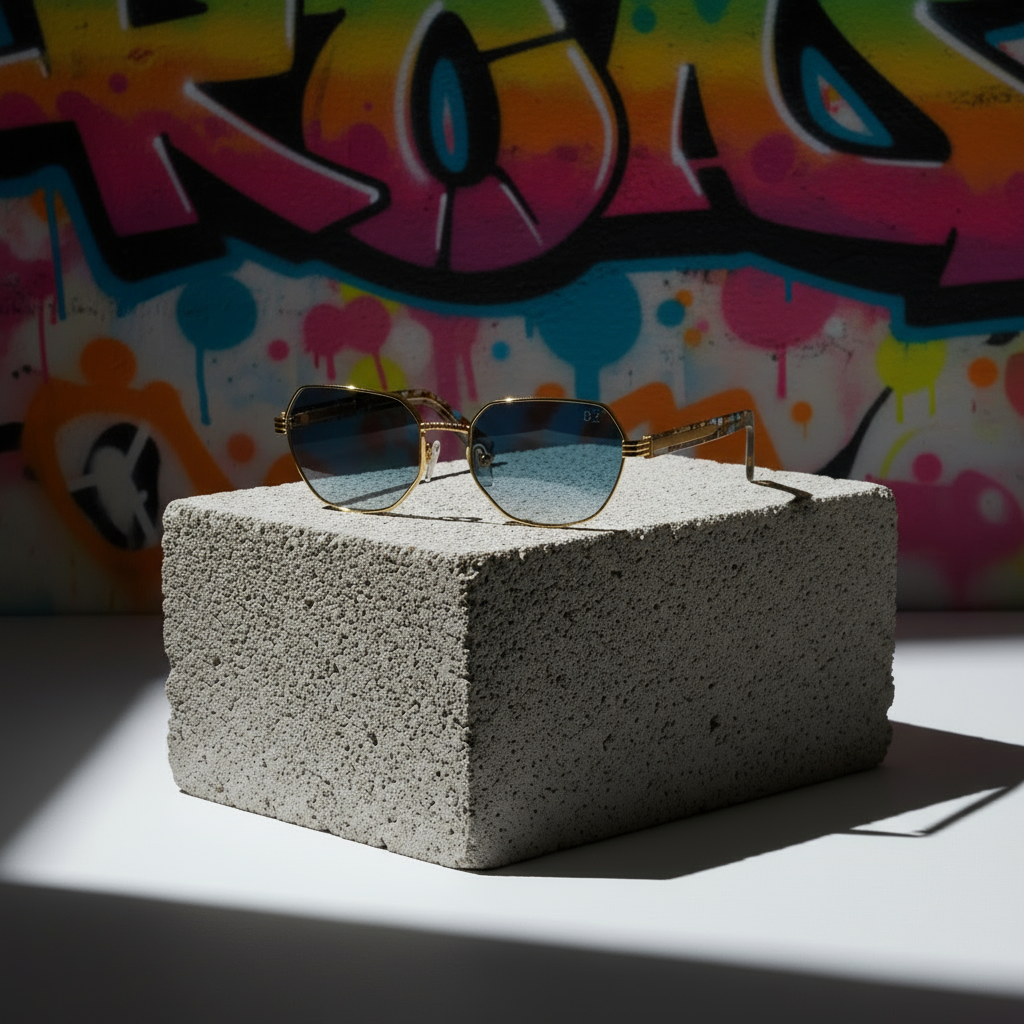Sunglasses on a concrete block with colorful graffiti in the background