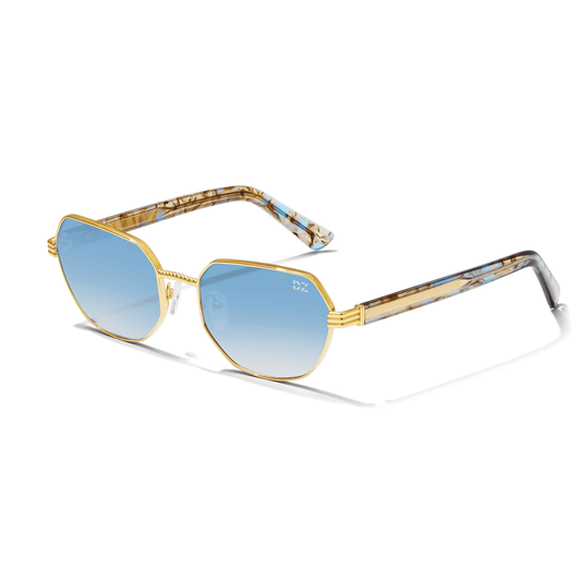 Sunglasses with gold frame and blue gradient lenses on a white background