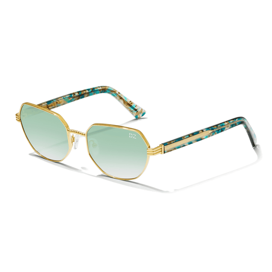 Sunglasses with gold frame and green gradient lenses on a white background