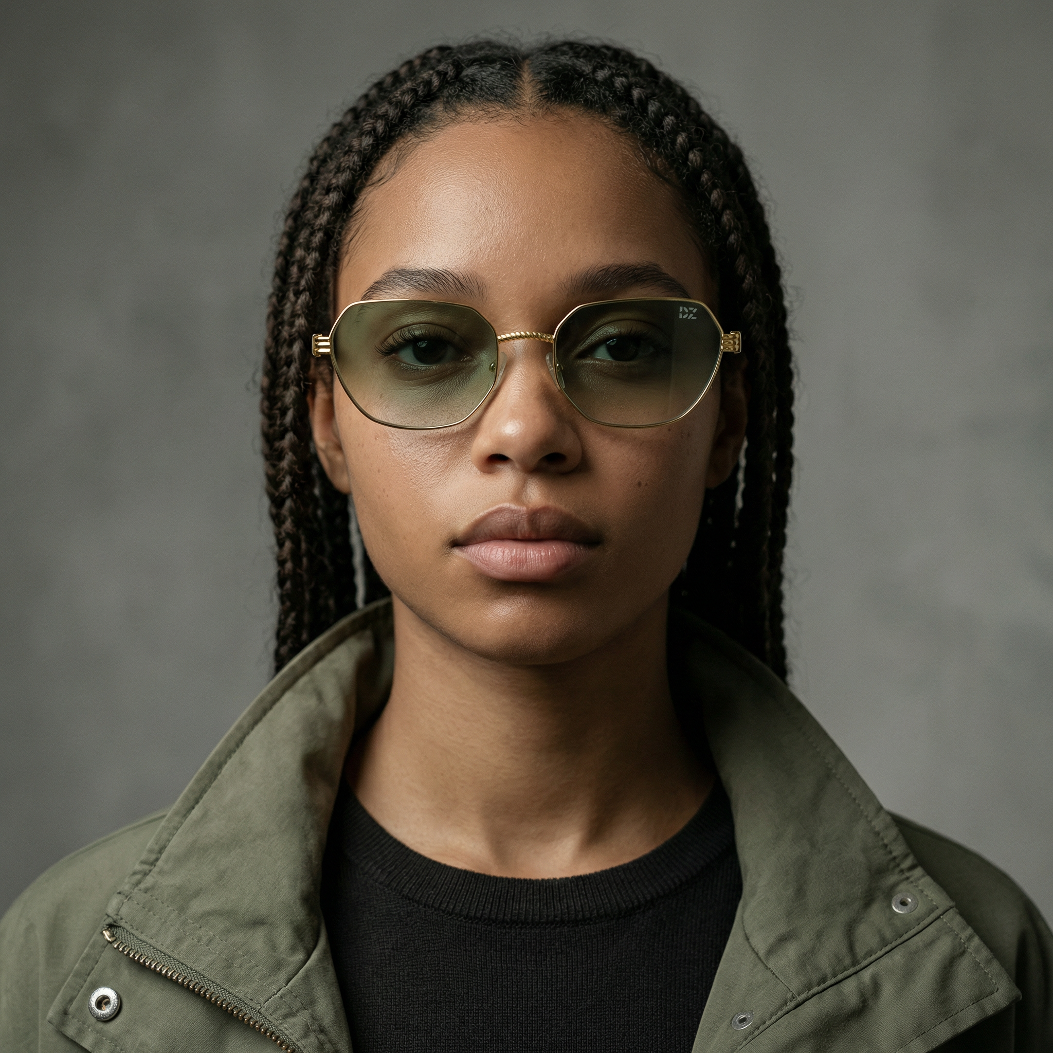 Person wearing sunglasses and a green jacket against a gray background