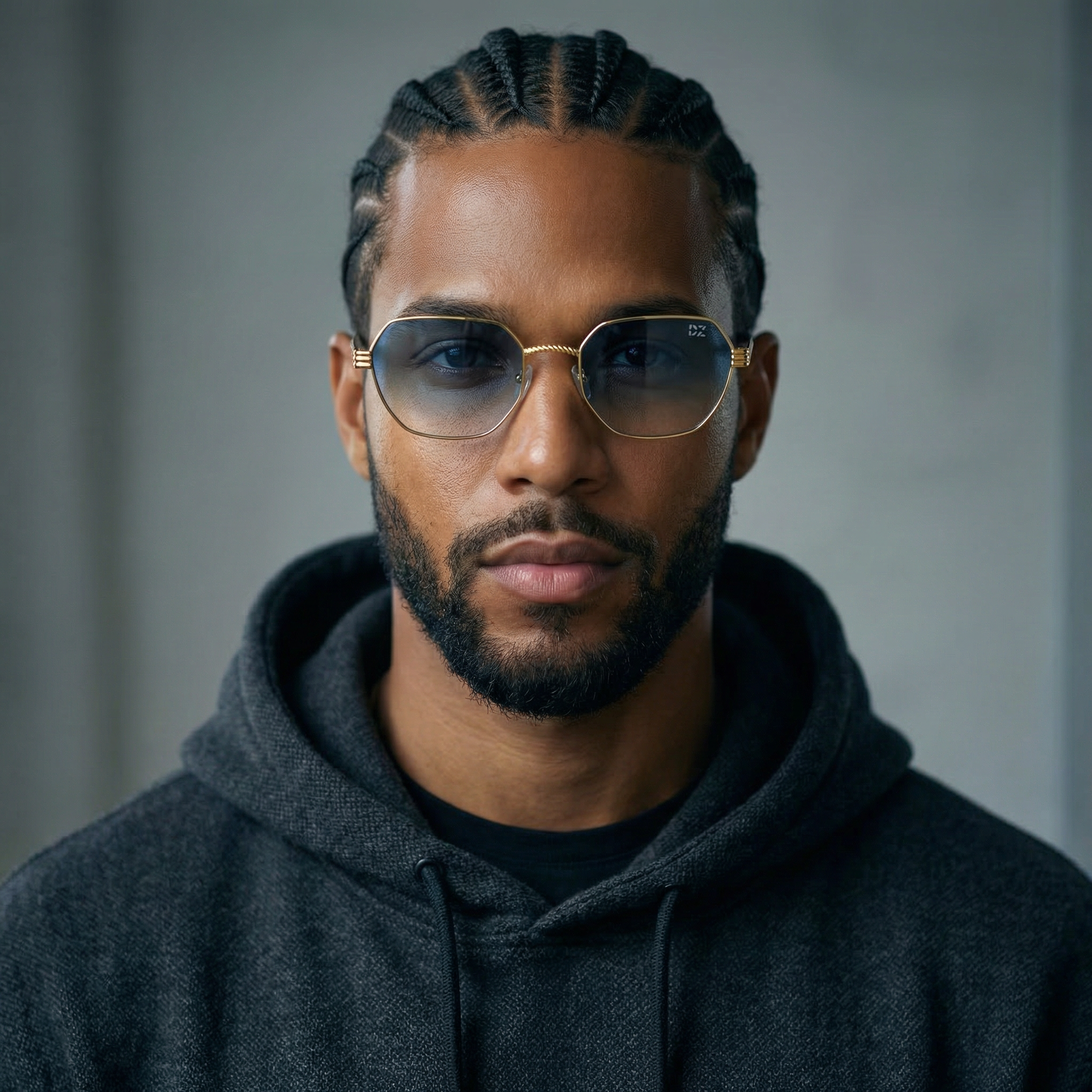 Man wearing sunglasses and a dark hoodie against a gray background
